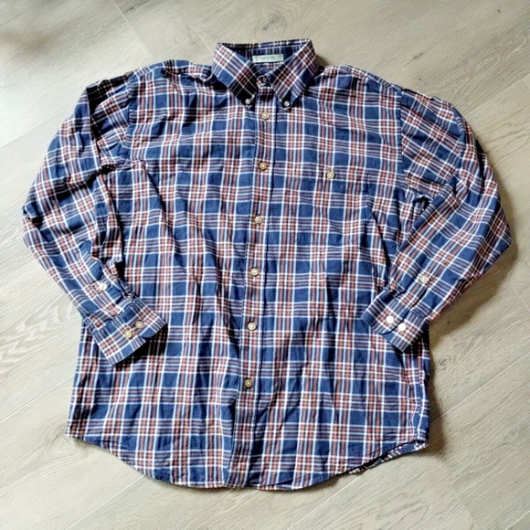 Orvis Other - Orvis Plaid Shirt Large Mens Cotton Blue Orange Front Pocket Long Sleeve Button